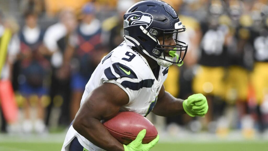 Seattle Seahawks running back Kenneth Walker III (9) runs against the Pittsburgh Steelers during the first half of an NFL preseason football game, Saturday, Aug. 13, 2022, in Pittsburgh. (AP PhotoBarry Reeger)